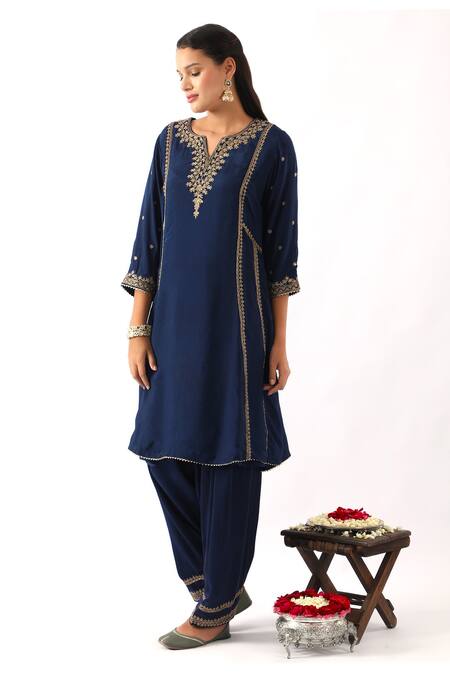 Buy_Nemaani_Blue Organza, Modal, Silk Cut Work, Sequins, Tulip Bloom Dori Kurta Set 