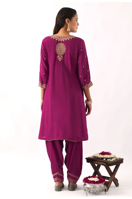 Nemaani_Pink Organza, Modal, Silk Sequins, Embroidery Tulip Blossom Dori Kurta Set _Online_at_Aza_Fashions