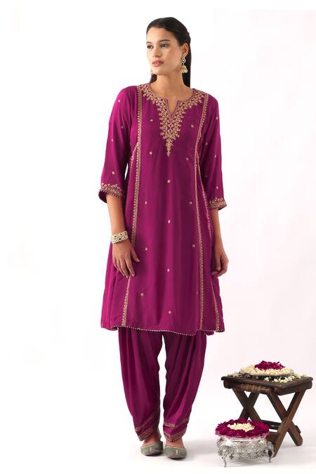Shop_Nemaani_Pink Organza, Modal, Silk Sequins, Embroidery Tulip Blossom Dori Kurta Set _Online_at_Aza_Fashions