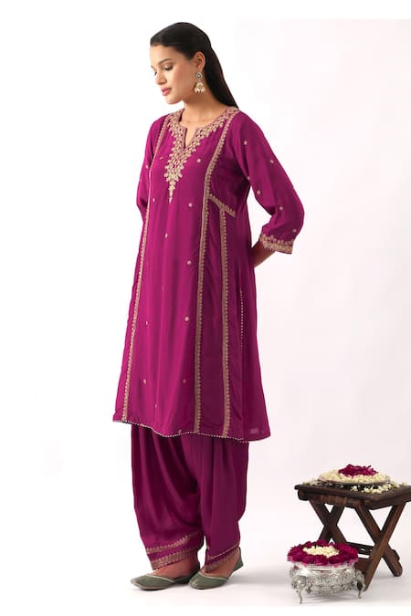 Nemaani_Pink Organza, Modal, Silk Sequins, Embroidery Tulip Blossom Dori Kurta Set _at_Aza_Fashions