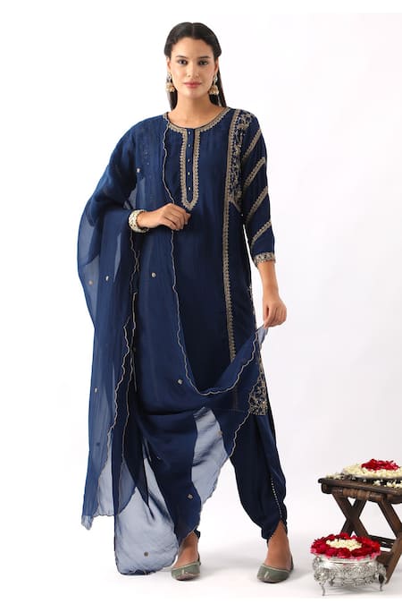 Nemaani Blue Habutai Silk Embroidery Dori Round Phool Kurta Dhoti Pant Set 