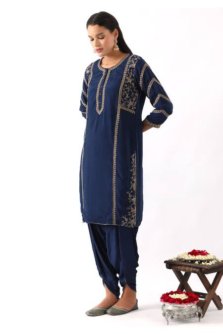 Nemaani_Blue Organza, Modal, Silk Sequins, Cut Work, Phool Dori Kurta Dhoti Pant Set _Online_at_Aza_Fashions