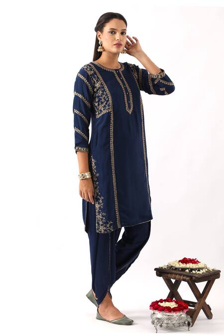 Buy_Nemaani_Blue Organza, Modal, Silk Sequins, Cut Work, Phool Dori Kurta Dhoti Pant Set _Online_at_Aza_Fashions