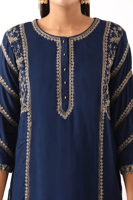 Shop_Nemaani_Blue Organza, Modal, Silk Sequins, Cut Work, Phool Dori Kurta Dhoti Pant Set _Online_at_Aza_Fashions