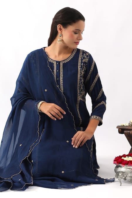 Nemaani_Blue Organza, Modal, Silk Sequins, Cut Work, Phool Dori Kurta Dhoti Pant Set _at_Aza_Fashions