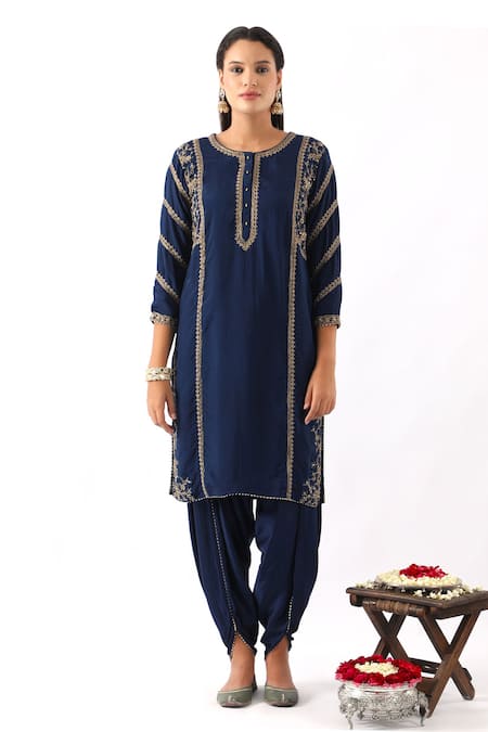 Buy_Nemaani_Blue Organza, Modal, Silk Sequins, Cut Work, Phool Dori Kurta Dhoti Pant Set 