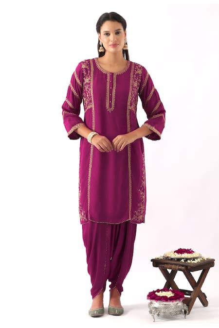 Shop_Nemaani_Pink Silk, Modal, Organza Sequins, Cut Work, Bahar Dori Kurta Dhoti Pant Set _Online_at_Aza_Fashions