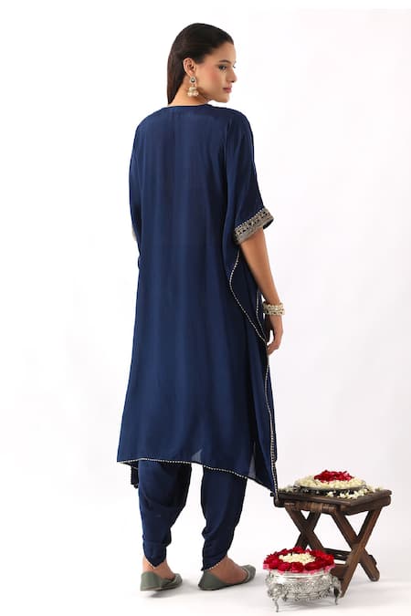 Nemaani_Blue Modal, Silk, Organza Cut Bahar Dori Embroidered Yoke Kaftan With Dhoti Pant _Online_at_Aza_Fashions