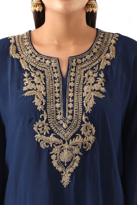 Buy_Nemaani_Blue Modal, Silk, Organza Cut Bahar Dori Embroidered Yoke Kaftan With Dhoti Pant _Online_at_Aza_Fashions