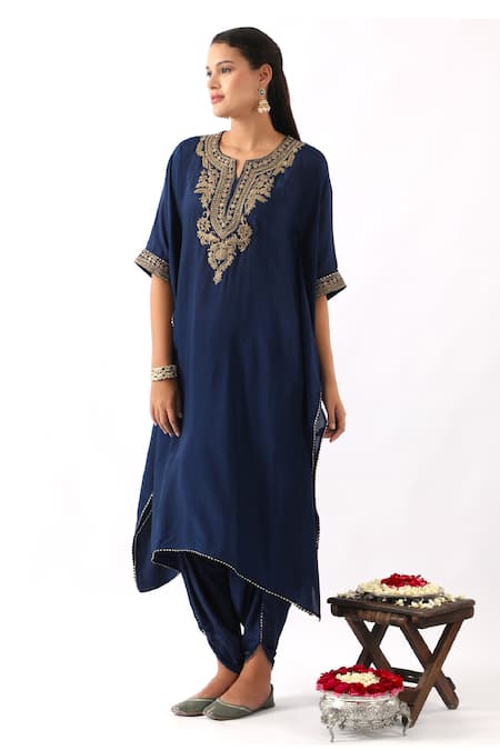 Shop_Nemaani_Blue Modal, Silk, Organza Cut Bahar Dori Embroidered Yoke Kaftan With Dhoti Pant _Online_at_Aza_Fashions