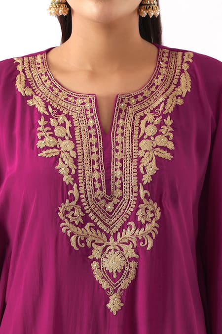Buy_Nemaani_Pink Silk, Modal, Organza Phool Dori Embroidered Yoke Kaftan With Dhoti Pant _Online_at_Aza_Fashions