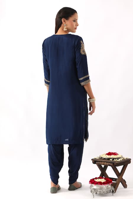 Shop Nemaani Blue Organza, Modal, Satin, Silk Embroidery, Blossom Dori Kurta Dhoti Pant Set at Aza Fashions Shop_Nemaani_Blue Organza, Modal, Satin, Silk Embroidery, Blossom Dori Kurta Dhoti Pant Set _at_Aza_Fashions