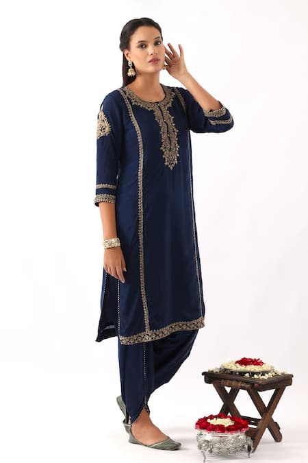 Shop Nemaani Blue Organza, Modal, Satin, Silk Embroidery, Blossom Dori Kurta Dhoti Pant Set Online at Aza Fashions Shop_Nemaani_Blue Organza, Modal, Satin, Silk Embroidery, Blossom Dori Kurta Dhoti Pant Set _Online_at_Aza_Fashions