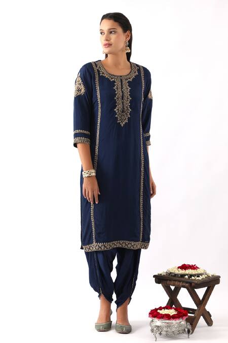 Buy Nemaani Blue Organza, Modal, Satin, Silk Embroidery, Blossom Dori Kurta Dhoti Pant Set Buy_Nemaani_Blue Organza, Modal, Satin, Silk Embroidery, Blossom Dori Kurta Dhoti Pant Set