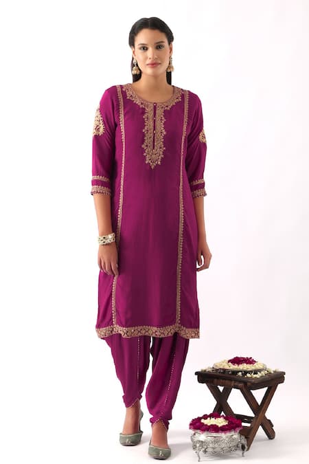 Buy_Nemaani_Pink Silk, Modal, Organza Sequins, Cut Work, Magenta Kurta Dhoti Pant Set _Online_at_Aza_Fashions