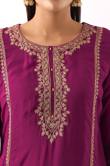 Nemaani_Pink Silk, Modal, Organza Sequins, Cut Work, Magenta Kurta Dhoti Pant Set _at_Aza_Fashions