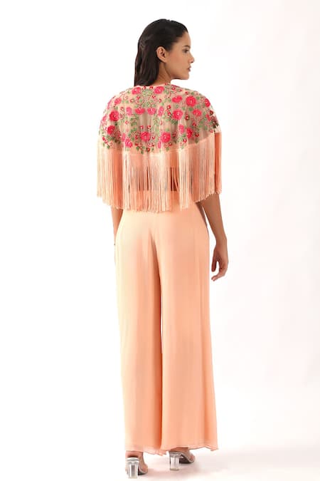 Shop Nemaani Peach Georgette Embroidery V-neck Gul Fringe Cape Set at Aza Fashions Shop_Nemaani_Peach Georgette Embroidery V-neck Gul Fringe Cape Set _at_Aza_Fashions