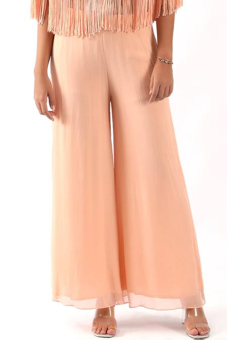 Nemaani Peach Georgette Embroidery V-neck Gul Fringe Cape Set Online at Aza Fashions Nemaani_Peach Georgette Embroidery V-neck Gul Fringe Cape Set _Online_at_Aza_Fashions