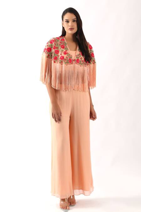 Buy Nemaani Peach Georgette Embroidery V-neck Gul Fringe Cape Set Online at Aza Fashions Buy_Nemaani_Peach Georgette Embroidery V-neck Gul Fringe Cape Set _Online_at_Aza_Fashions