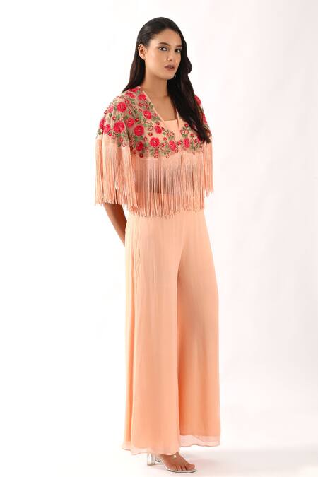 Shop Nemaani Peach Georgette Embroidery V-neck Gul Fringe Cape Set Online at Aza Fashions Shop_Nemaani_Peach Georgette Embroidery V-neck Gul Fringe Cape Set _Online_at_Aza_Fashions
