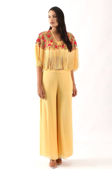 Nemaani Yellow Georgette Embroidery Gul V Rosette Bahar Fringe Cape Set 