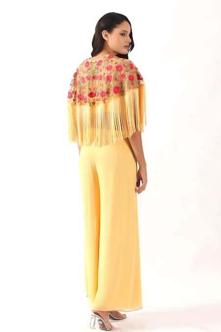 Nemaani Rosette Bahar Embroidered Fringe Cape Set 