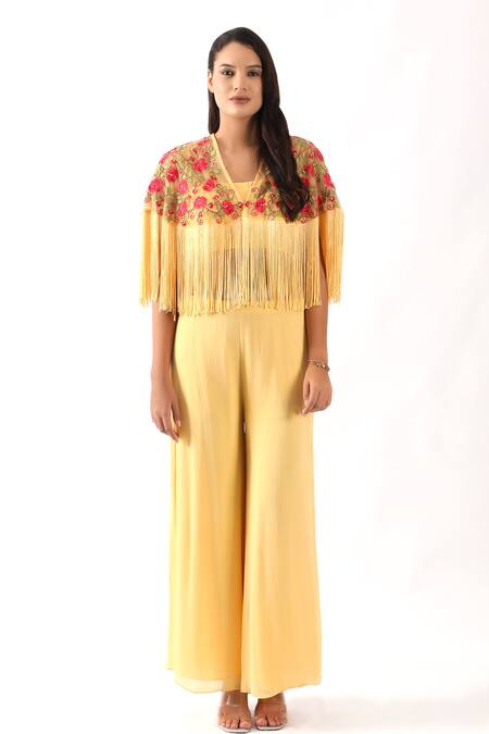 Nemaani_Yellow Georgette Embroidery V-neck Rosette Bahar Fringe Cape Set _Online_at_Aza_Fashions
