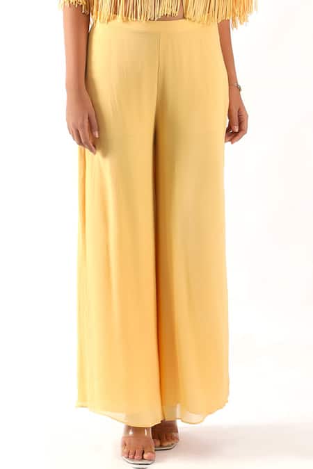 Buy_Nemaani_Yellow Georgette Embroidery V-neck Rosette Bahar Fringe Cape Set _Online_at_Aza_Fashions