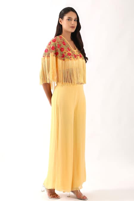 Shop_Nemaani_Yellow Georgette Embroidery V-neck Rosette Bahar Fringe Cape Set _Online_at_Aza_Fashions
