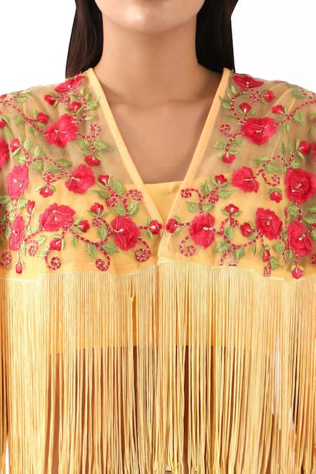 Nemaani_Yellow Georgette Embroidery V-neck Rosette Bahar Fringe Cape Set _at_Aza_Fashions