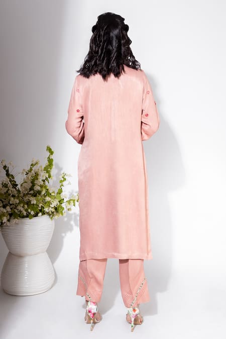 Shop Nemaani Pink Modal Embroidery, Mirrors Round Neck Petunia Buti Kurta Pant Set at Aza Fashions Shop_Nemaani_Pink Modal Embroidery, Mirrors Round Neck Petunia Buti Kurta Pant Set _at_Aza_Fashions