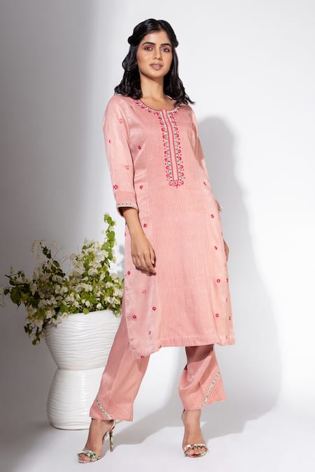 Buy Nemaani Pink Modal Embroidery, Mirrors Round Neck Petunia Buti Kurta Pant Set Online at Aza Fashions Buy_Nemaani_Pink Modal Embroidery, Mirrors Round Neck Petunia Buti Kurta Pant Set _Online_at_Aza_Fashions