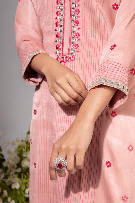 Shop Nemaani Pink Modal Embroidery, Mirrors Round Neck Petunia Buti Kurta Pant Set Online at Aza Fashions Shop_Nemaani_Pink Modal Embroidery, Mirrors Round Neck Petunia Buti Kurta Pant Set _Online_at_Aza_Fashions