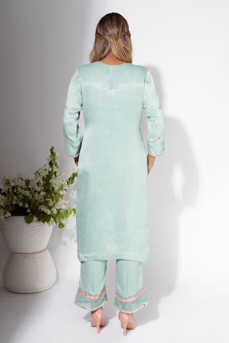 Shop Nemaani Blue Modal Embroidery, Mirrors Round Neck Peony Buti Kurta Pant Set at Aza Fashions Shop_Nemaani_Blue Modal Embroidery, Mirrors Round Neck Peony Buti Kurta Pant Set _at_Aza_Fashions