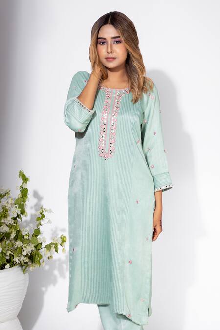 Nemaani Blue Modal Embroidery, Mirrors Round Neck Peony Buti Kurta Pant Set Online at Aza Fashions Nemaani_Blue Modal Embroidery, Mirrors Round Neck Peony Buti Kurta Pant Set _Online_at_Aza_Fashions