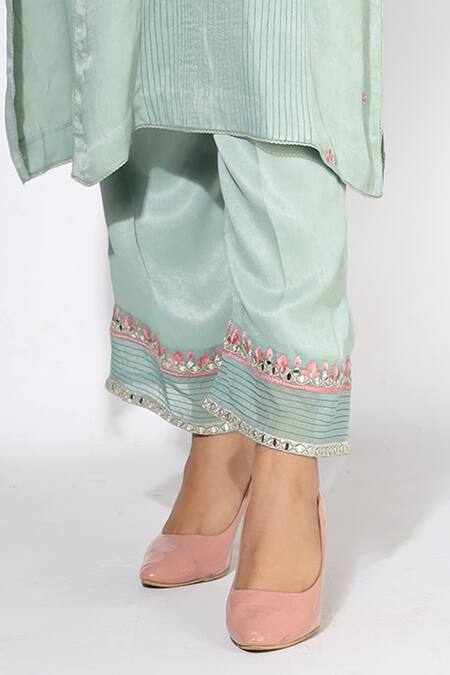 Buy Nemaani Blue Modal Embroidery, Mirrors Round Neck Peony Buti Kurta Pant Set Online at Aza Fashions Buy_Nemaani_Blue Modal Embroidery, Mirrors Round Neck Peony Buti Kurta Pant Set _Online_at_Aza_Fashions