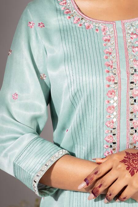 Shop Nemaani Blue Modal Embroidery, Mirrors Round Neck Peony Buti Kurta Pant Set Online at Aza Fashions Shop_Nemaani_Blue Modal Embroidery, Mirrors Round Neck Peony Buti Kurta Pant Set _Online_at_Aza_Fashions