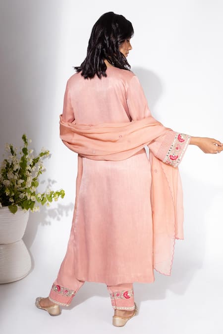 Shop Nemaani Pink Modal, Chiffon Embroidery Round Neck Mirror Yoke Kurta Set at Aza Fashions Shop_Nemaani_Pink Modal, Chiffon Embroidery Round Neck Mirror Yoke Kurta Set _at_Aza_Fashions