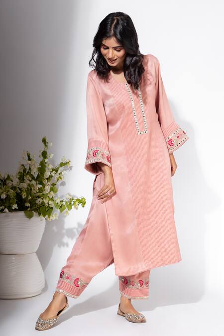 Nemaani Pink Modal, Chiffon Embroidery Round Neck Mirror Yoke Kurta Set Online at Aza Fashions Nemaani_Pink Modal, Chiffon Embroidery Round Neck Mirror Yoke Kurta Set _Online_at_Aza_Fashions