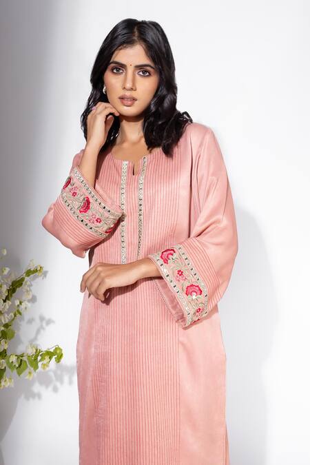 Buy Nemaani Pink Modal, Chiffon Embroidery Round Neck Mirror Yoke Kurta Set Online at Aza Fashions Buy_Nemaani_Pink Modal, Chiffon Embroidery Round Neck Mirror Yoke Kurta Set _Online_at_Aza_Fashions