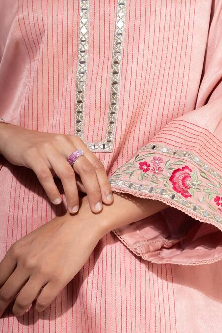 Shop Nemaani Pink Modal, Chiffon Embroidery Round Neck Mirror Yoke Kurta Set Online at Aza Fashions Shop_Nemaani_Pink Modal, Chiffon Embroidery Round Neck Mirror Yoke Kurta Set _Online_at_Aza_Fashions