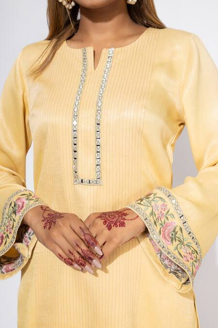 Nemaani_Yellow Modal, Muslin Embroidery Round Neck Mirror Yoke Kurta Set _Online_at_Aza_Fashions