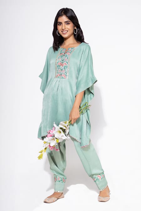 Nemaani Blue Moss Satin Embroidery Botanic Bloom Notched Round Yoke Kaftan With Salwar 