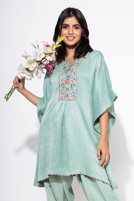 Nemaani_Blue Satin Embroidery Round Neck Botanic Bloom Yoke Kaftan With Salwar _Online_at_Aza_Fashions