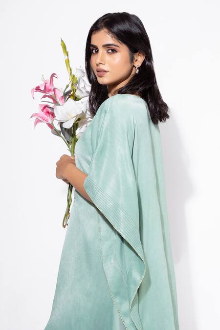 Buy_Nemaani_Blue Satin Embroidery Round Neck Botanic Bloom Yoke Kaftan With Salwar _Online_at_Aza_Fashions