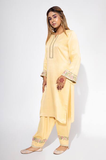Buy_Nemaani_Yellow Modal, Muslin Embroidery Round Neck Mirror Yoke Kurta Set _Online_at_Aza_Fashions