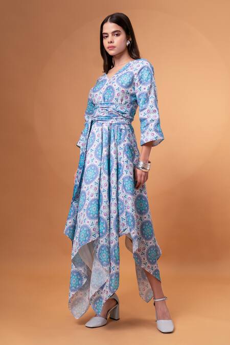 Shop_Therealb_Sky Blue Cotton, Linen Embroidery V-neck Mandala Pattern Dress _Online_at_Aza_Fashions