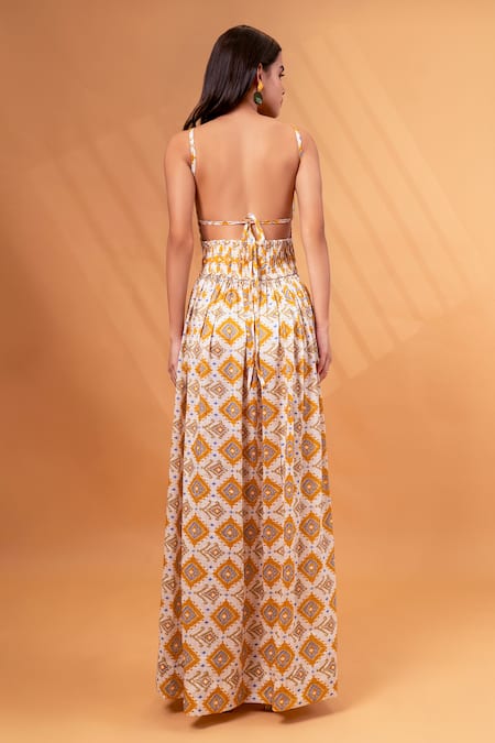 Shop_Therealb_Yellow Cotton, Linen Square Neck Floral Abstract Pattern Dress _at_Aza_Fashions