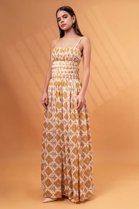 Therealb_Yellow Cotton, Linen Square Neck Floral Abstract Pattern Dress _Online_at_Aza_Fashions