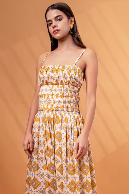 Buy_Therealb_Yellow Cotton, Linen Square Neck Floral Abstract Pattern Dress _Online_at_Aza_Fashions